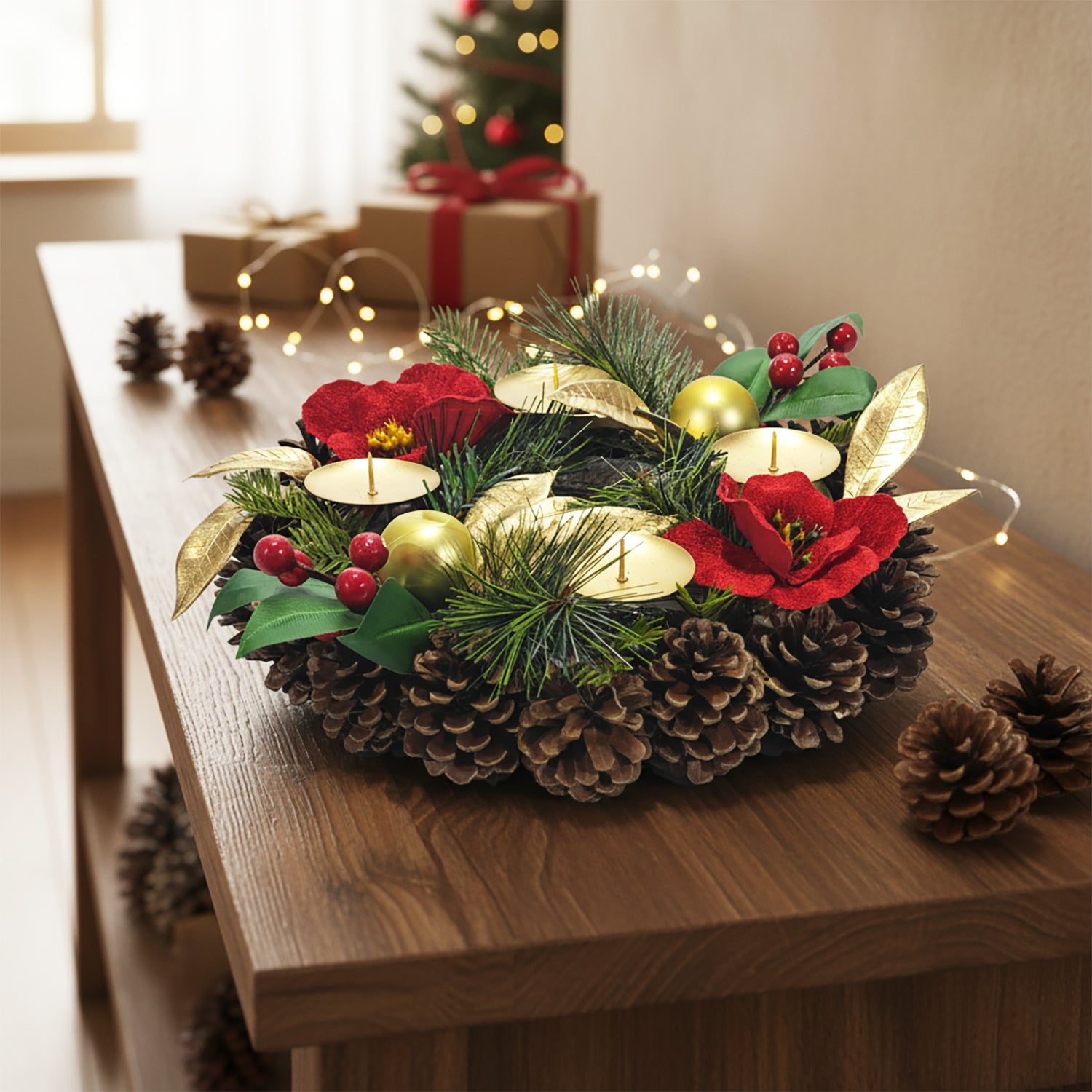VESTIAMO CASA GRAN NATALE - Portacandela Natalizio 4 Posti con Pigne diametro 30 cm